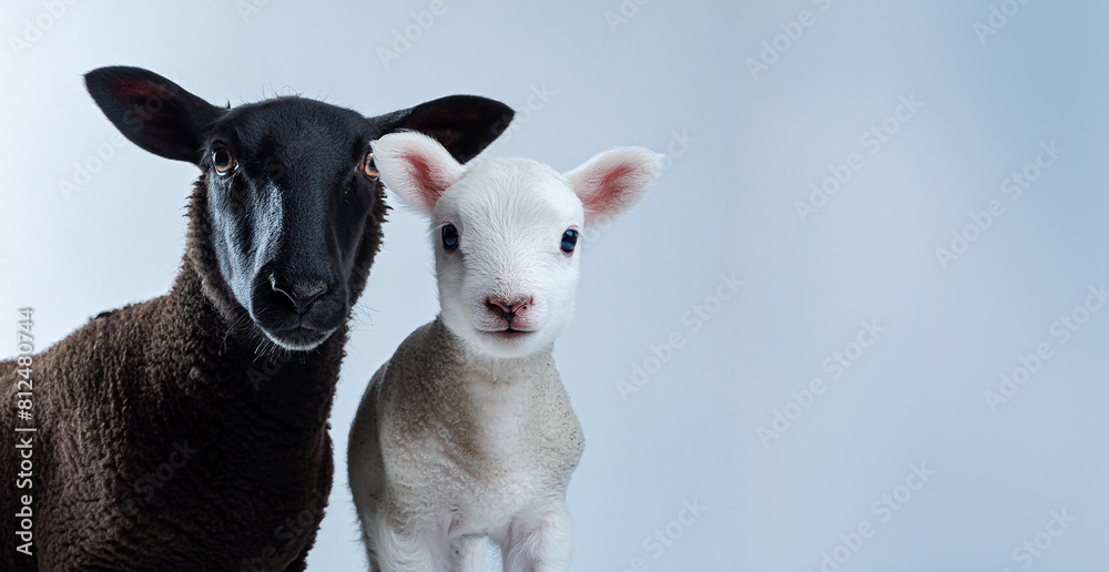 Fototapeta premium Black sheep and cute white lamb together, looking at camera. Copy space on the right.