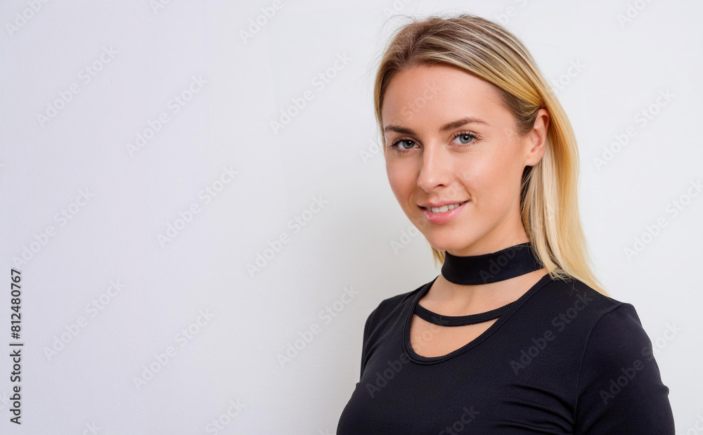 Obraz premium Attractive young blonde woman wearing black top, smiling. Plain white background with copy space on left.