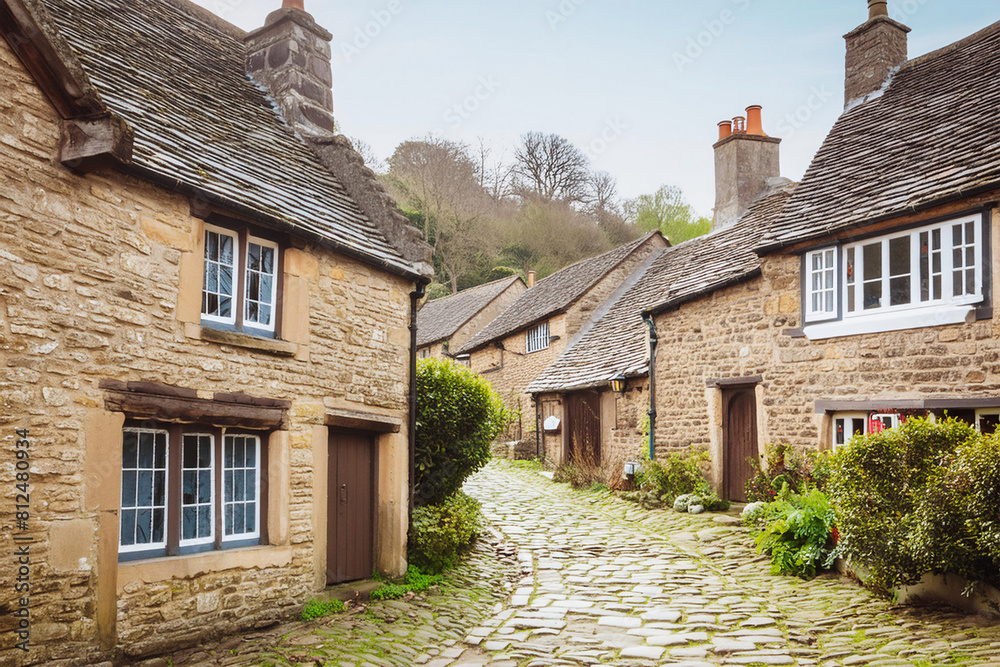 Typical rural English village in the countryside, with stone houses and cobbled streets Typical rural English village in the countryside, with stone houses and cobbled streets