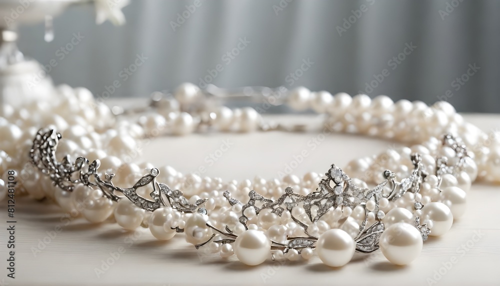 high key image of white pearls necklace and diamond tiara on vintage table Generative AI high key image of white pearls necklace and diamond tiara on vintage table Generative AI