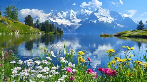 A breathtaking panoramic view of snow-capped mountains reflected in the crystal-clear waters of a tranquil lake, surrounded by vibrant alpine meadows in full bloom