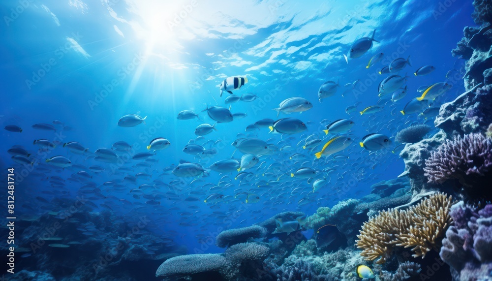 Obraz premium Groups of giant Tuna fish in the underwater, coral reef, amazing underwater life, various fish and exotic coral reefs, ocean wild creatures background