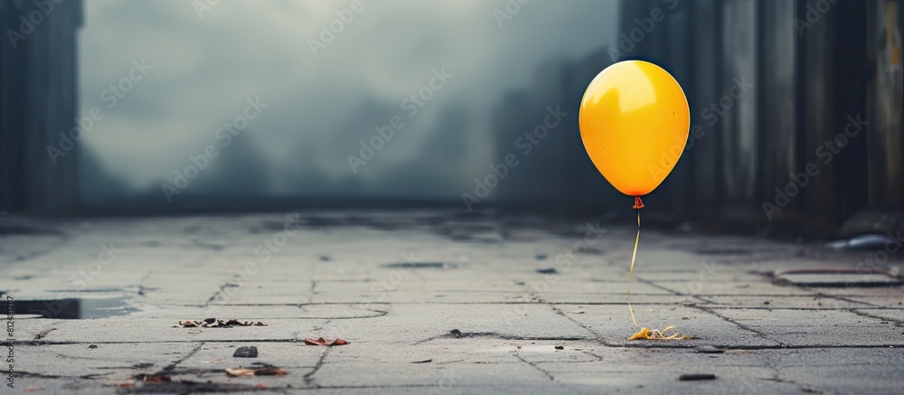 An abandoned yellow balloon rests on the gray ground of a street with a copy space image displaying its close up details An abandoned yellow balloon rests on the gray ground of a street with a copy space image displaying its close up details