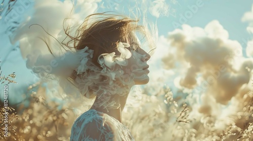 An ethereal portrait of a person in profile, seemingly merging with the clouds in the sky. The person's face is partially obscured by what appears to be white, fluffy cloud-like formations, artfully b photo