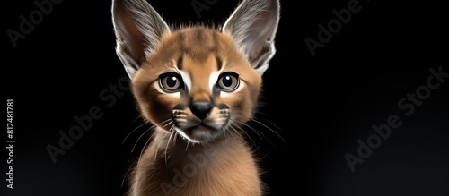 An 8 month old caracal kitten is isolated against a background creating a copy space image with a technical close up