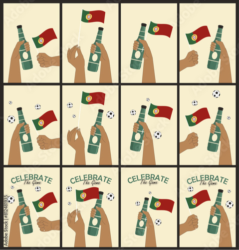 Euro 2024. Football. Hand with Portugal flag and other hand with beer bottle. celebrate a sporting event. support team. Football match. Soccer illustration. European Cup. support Portugal. Tournament