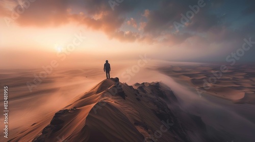 A solitary figure stands on the crest of a sand dune, gazing into the distance at a breathtaking sunset that casts a warm glow over the sweeping desert landscape. The sky is adorned with clouds, softl
