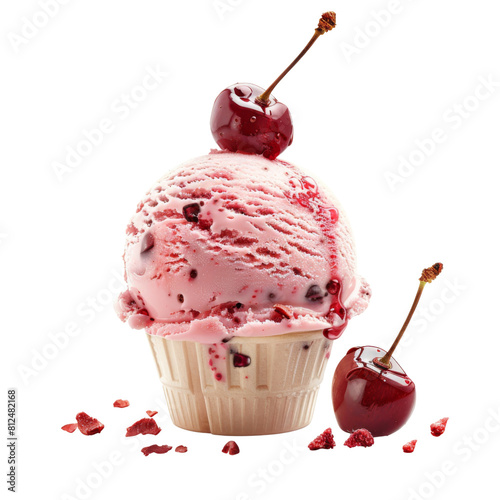 Delicious scoop of cherry ice cream adorned with a fresh cherry on top transparent background  PNG