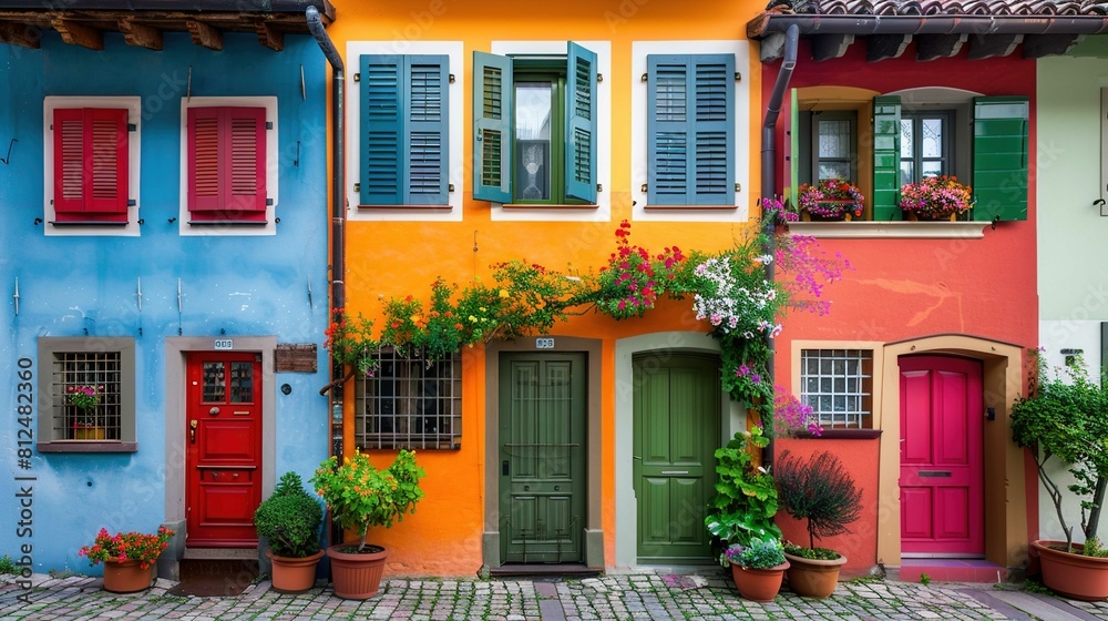 The image displays a vibrant and colorful street scene of three European-style houses with brightly painted facades. The house on the left is painted in a bright blue with a red door and two windows, 