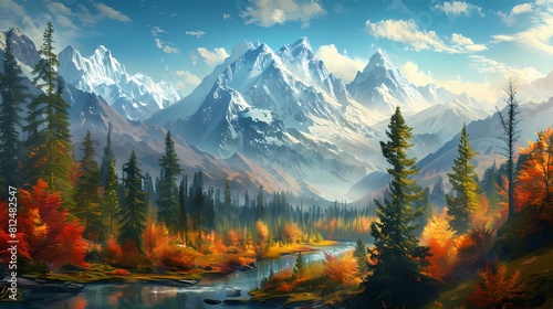 A breathtaking view of snow-capped peaks rising above a colorful autumn forest, with a tranquil river winding through the valley below, showcasing the beauty of nature