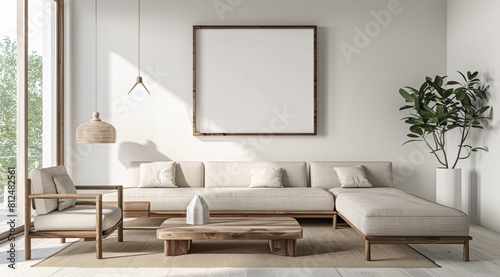 Modern Living Room with Empty Picture Frame  Wooden Furniture  and Soft Natural Light