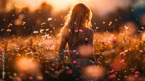 The image captures a woman from behind as she stands amidst a vibrant field of wildflowers bathed in the warm glow of a setting or rising sun. Her hair is long and appears to be gently tousled by a br photo