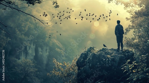 A person stands on the edge of a rocky cliff overlooking a forested valley with mist hanging in the air. The individual, who appears as a silhouette against the illuminated mist, is wearing a backpack