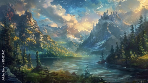 The image showcases a stunning fantasy landscape with soaring, rugged mountains that rise dramatically on either side of a serene lake. The mountains are adorned with turrets and spires, suggesting a  photo