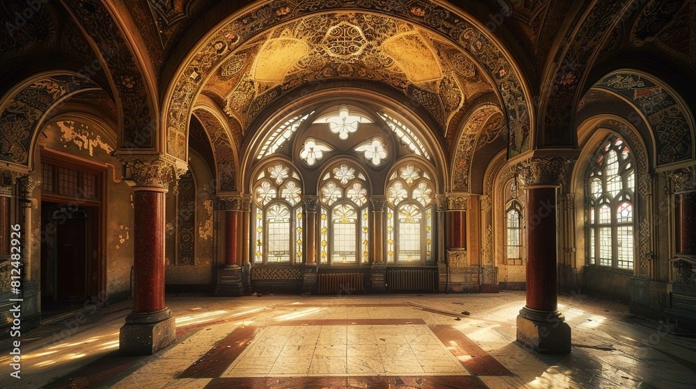 An ornate, abandoned room with a high, arched ceiling adorned with intricate designs and gold embellishments. Sunlight streams through tall stained glass windows, illuminating the space and casting pa