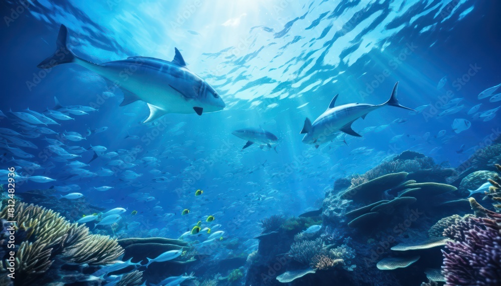 Obraz premium Groups of giant Tuna fish in the underwater, coral reef, amazing underwater life, various fish and exotic coral reefs, ocean wild creatures background