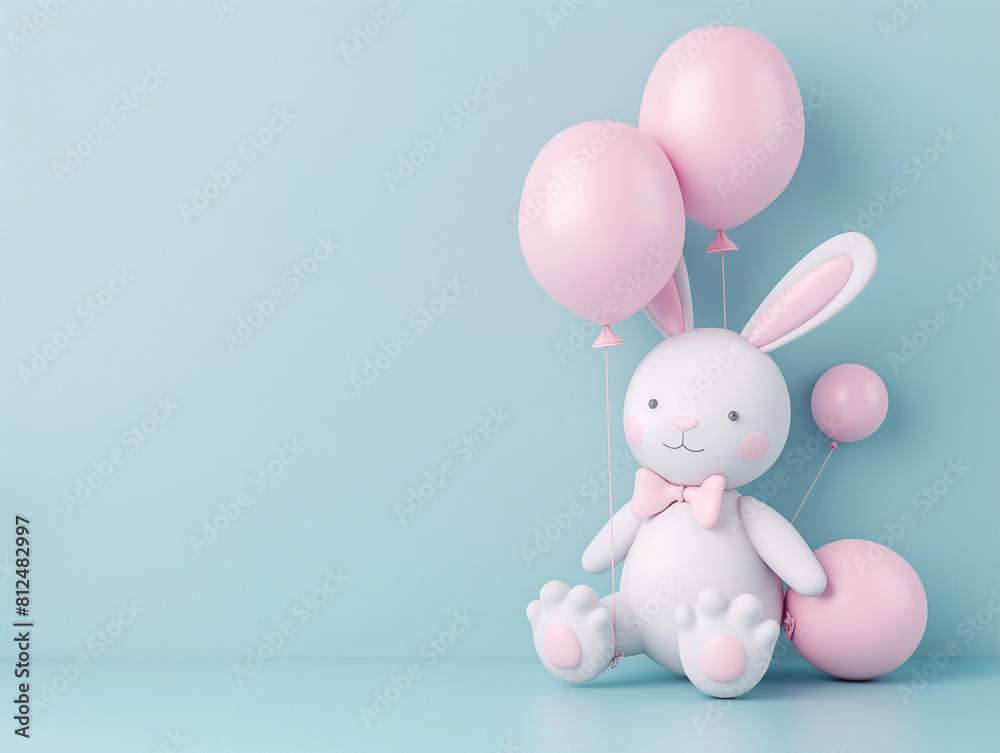 Hase in weiß mit Luftballons in Pastell Farben als Druckvorlage für Grußkarten und Kinderzimmer Tapeten Hase in weiß mit Luftballons in Pastell Farben als Druckvorlage für Grußkarten und Kinderzimmer Tapeten