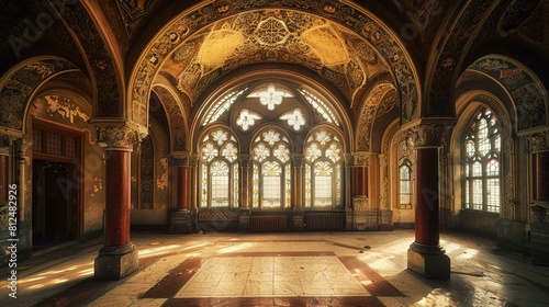 An ornate, abandoned room with a high, arched ceiling adorned with intricate designs and gold embellishments. Sunlight streams through tall stained glass windows, illuminating the space and casting pa