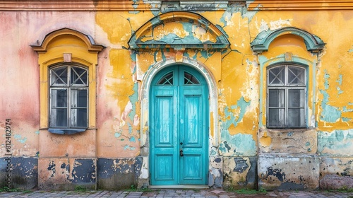 A vibrant turquoise wooden door stands at the center of the image, flanked by two weathered windows with dark frames and grid designs set into a façade depicting peeling yellow and orange paint. The d © Jesse