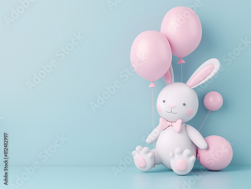 Hase in wei   mit Luftballons in Pastell Farben als Druckvorlage f  r Gru  karten und Kinderzimmer Tapeten