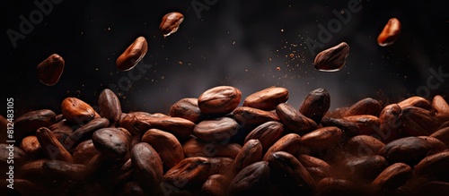 An image of cocoa beans floating in the air can be seen with a dark background emphasizing their aromatic essence. Creative banner. Copyspace image