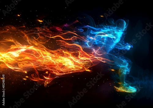 High-Speed Fire Runner  Dynamic Figure Formed by Orange and Blue Flames