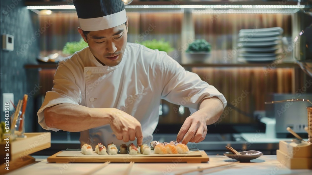 Chef making sushi with japanese ingredient on a table