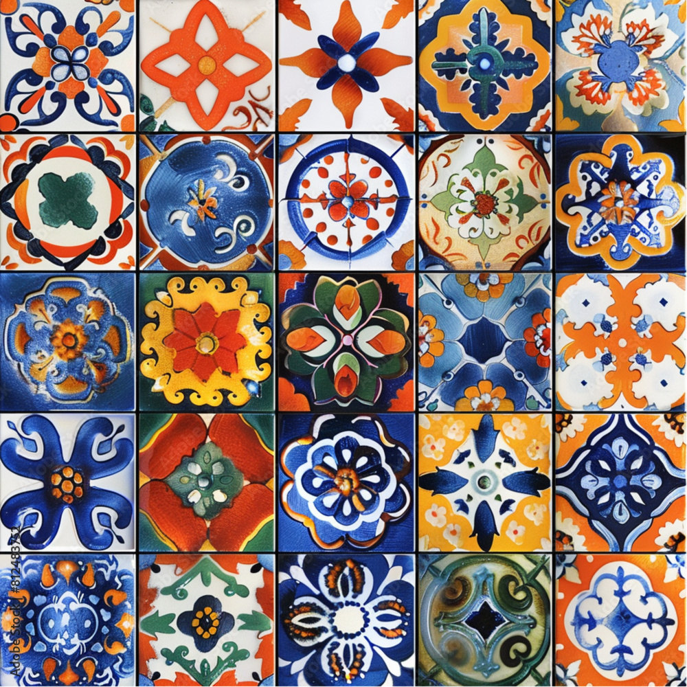 
A colorful pattern of traditional Mexican tile designs, in dark blue and orange tones, with floral motifs and geometric shapes