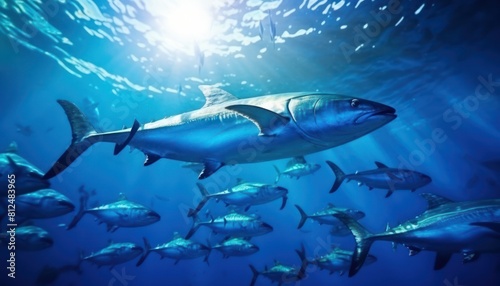 Groups of giant Tuna fish in the underwater  coral reef  amazing underwater life  various fish and exotic coral reefs  ocean wild creatures background