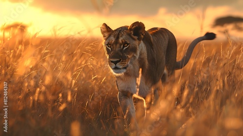  Majestic lioness prowling through tall grasslands at dawn. 