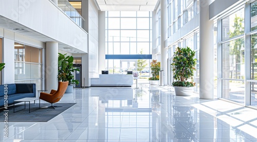 Modern Office Lobby with White and Blue Color Scheme - Architectural Photography