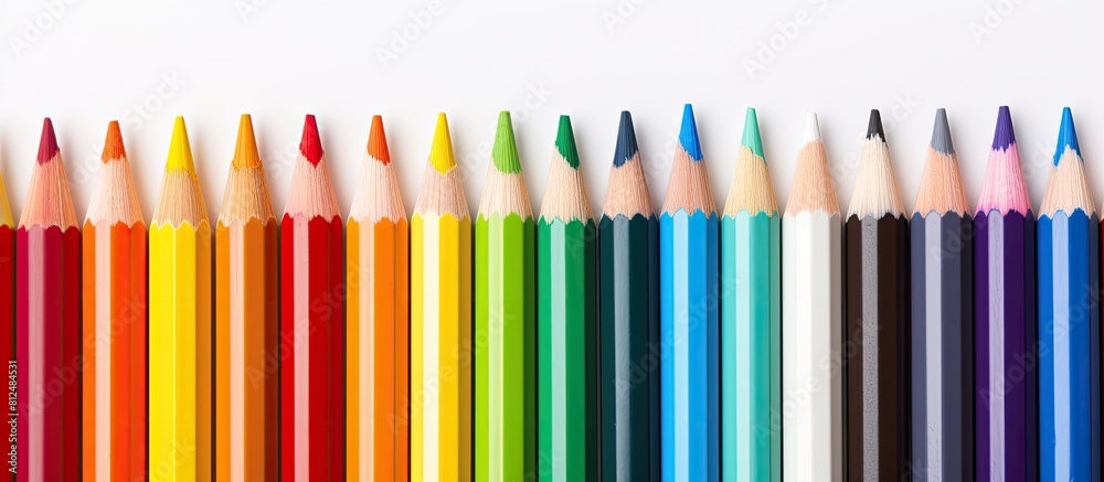 Colorful drawing pencils arranged on a white wooden surface creating an educational concept The diverse range of hues forms a vibrant rainbow palette providing a copy space image Colorful drawing pencils arranged on a white wooden surface creating an educational concept The diverse range of hues forms a vibrant rainbow palette providing a copy space image