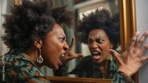Person is caught in a moment of frustration  shouting and pointing angrily at their own reflection in a mirror