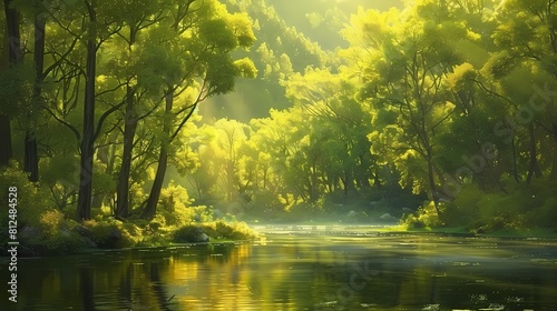 A breathtaking view of towering trees lining the banks of a meandering river, their lush foliage illuminated by the soft light of a spring morning