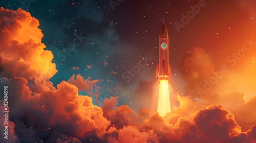 Spaceship takes off into the sky. Rocket starts into space. illustration © sungedi