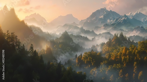 A breathtaking vista of a mountain range at sunrise  with mist swirling around the peaks and a dense forest of trees below  bathed in the soft light of dawn.