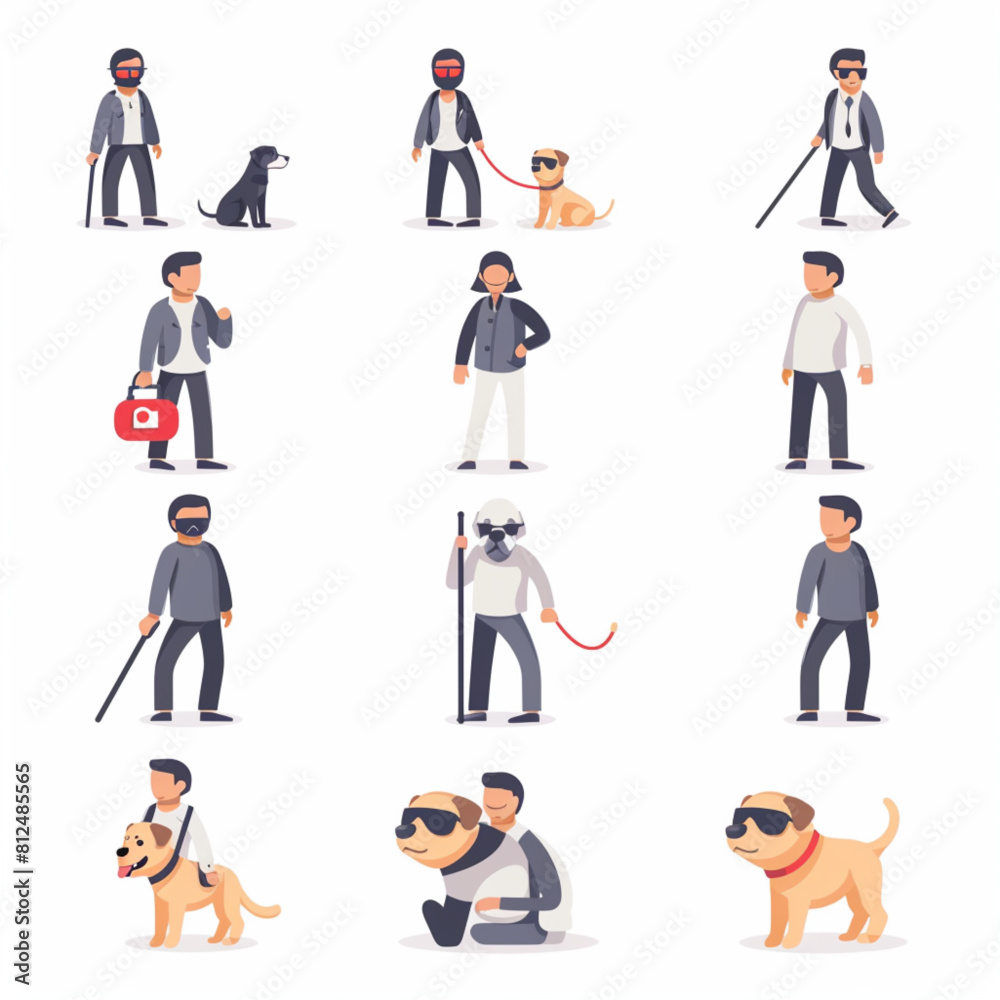 vector icons of blind person with walking stick, dog and sunglasses on white background

