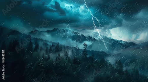 A dramatic 4K landscape of a stormy sky over rugged mountains, with lightning illuminating the dark clouds and rain pouring down on a dense forest of trees below.