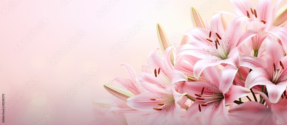 Pink blurred background highlights a beautiful arrangement of lilies ...