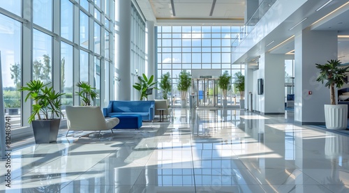 Elegant and Professional Office Lobby with White and Blue Accents