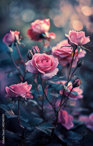 A beautiful garden full of pink roses, dreamy and romantic, with a blurred background.