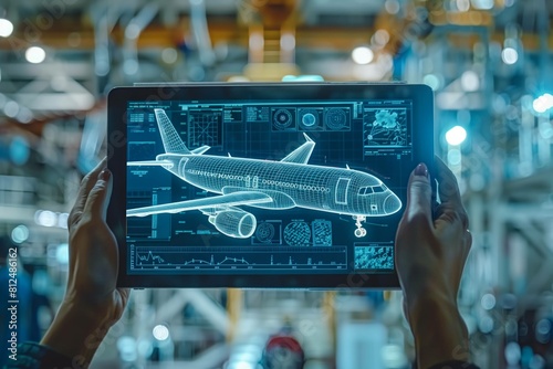 Tablet with a drawing in electronic form on a tablet in a worker's hands, development, production, assembly of air transport for a passenger aircraft