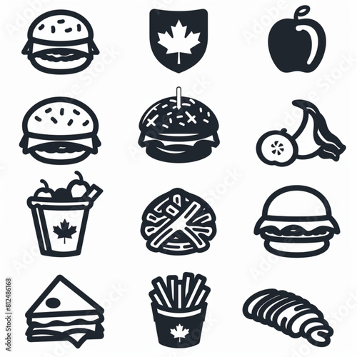 vector icons of typical Canadian food and breakfast items  black on white background  simple vector style  bold lines  maple syrup 