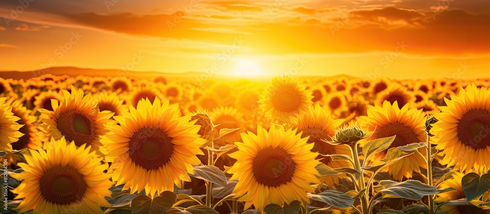Fototapeta premium A captivating copy space image of sunflowers gracefully swaying on a field as the golden hues of the sunset illuminate the scene