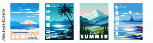 Summer travel. Beach poster, vintage style card design, ocean or sea vacation abstract art, party spring storm sunset landscape Mediterranean. Sand seashore with palms and mountains. Vector background