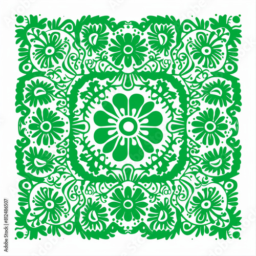 Papel Picado, a vector illustration of an emerald green square with white paper cut out patterns along the edges