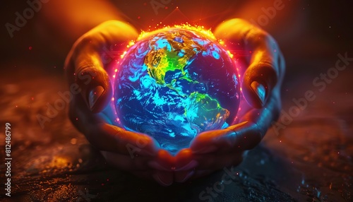 Neon light hands holding the Earth  glowing in the darkness  symbolizing energy and vibrancy