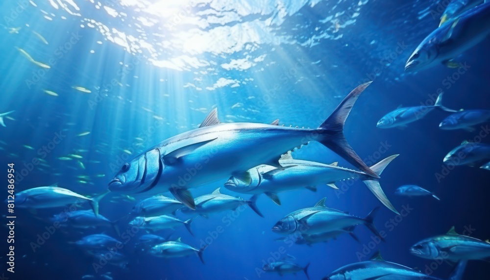 Fototapeta premium Groups of giant Tuna fish in the underwater, coral reef, amazing underwater life, various fish and exotic coral reefs, ocean wild creatures background