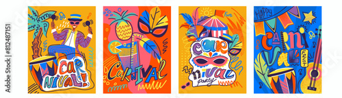 Carnival Brazil. Latin music party, poster summer, pattern background. America Rio, art mask, abstract Brazilian, Latina holiday. Invitation and greeting card design. Vector cartoon illustration set