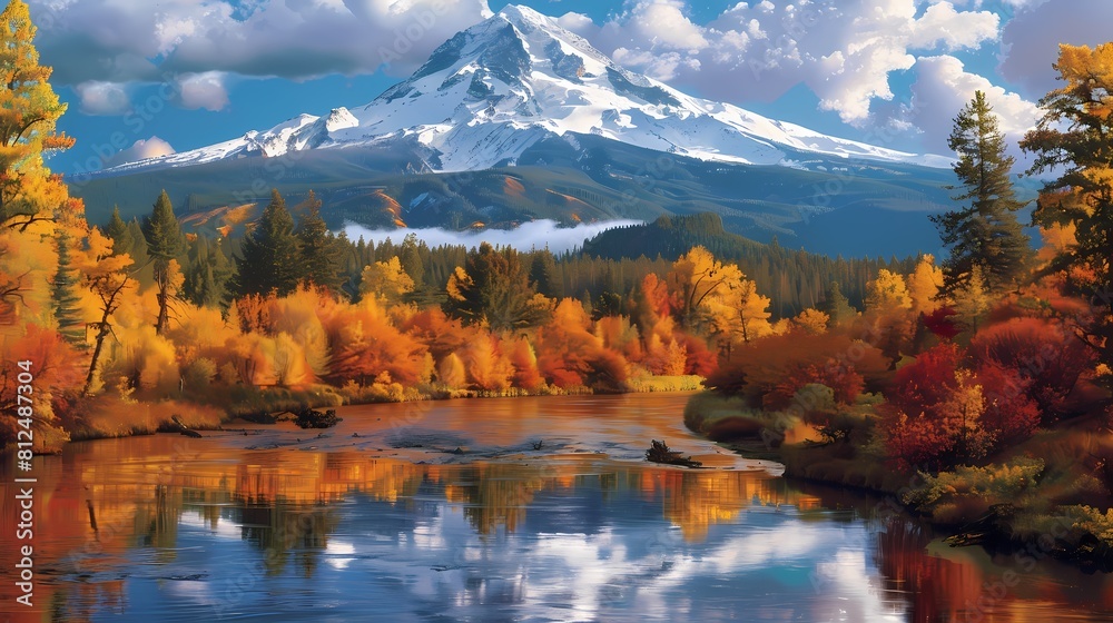 A majestic mountain peak rising above a colorful autumn forest, with a winding river below reflecting the stunning array of fall colors in its shimmering waters
